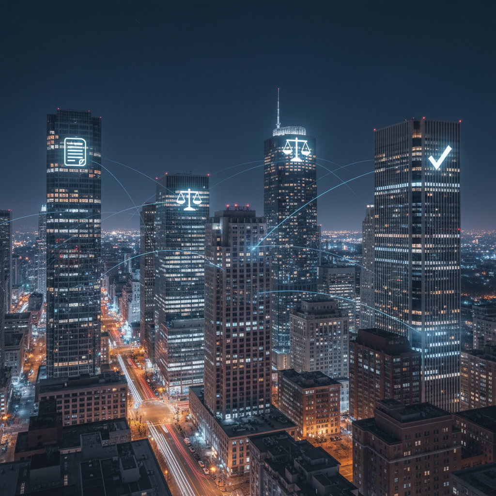 A night-time cityscape of a financial and legal district, rendered in photographic realism, where the illuminated office towers are subtly connected by faint, semi-transparent lines of light representing secure digital infrastructure. Specific buildings have windows glowing in a slightly cooler white, forming stylized icons of legal documents, scale of justice, and compliance checkmarks when seen from afar. The sky is a deep navy blue with a slight haze, and the streets below appear softly blurred, suggesting continuous data flow. Streetlights cast warm pools of light, contrasting with the cool technological glow weaving between the buildings. Captured from a high, wide-angle vantage point with long exposure effects that smooth moving lights into graceful trails. The mood is dependable, sophisticated, and quietly powerful, symbolizing KAPL SOCIAL’s role as invisible infrastructure powering legal and professional services.