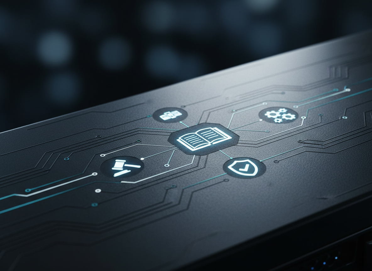 An abstract yet realistic close-up of a dark, brushed-metal server panel with illuminated icons representing legal documents, compliance shields, and professional services workflows, all interconnected by thin, glowing blue and white data lines. The panel surface has subtle engraved circuit patterns that suggest system architecture and engineering excellence. The environment around it fades into a soft, dark gradient, allowing the glowing symbols to stand out. Dramatic, directional side lighting creates crisp highlights along the metal edges and gentle shadows in the engraved grooves. Shot in macro photographic style with a very shallow depth of field, focusing sharply on the central icons while the background dissolves into smooth bokeh. The mood is highly technical, secure, and sophisticated, aligning with a modern, professional IT consulting brand.