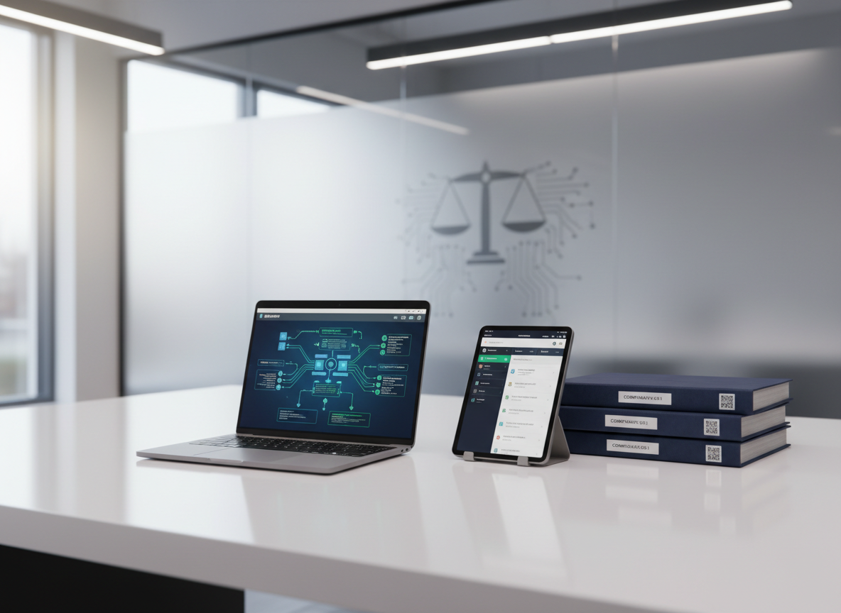 A polished white desk in a modern legaltech workspace, holding a slim silver laptop showing a detailed architectural diagram of a digital platform for legal and compliance workflows. Next to it, neatly stacked navy-blue case folders are labeled with tiny compliant barcodes, and a tablet displays a clean interface for document management and e-discovery. The background shows a frosted glass wall with a faint outline of scales of justice integrated into a circuit board pattern. Soft, natural daylight from a large unseen window blends with cool overhead lighting, creating gentle reflections. Captured at eye-level with a shallow depth of field that keeps the devices sharp while subtly blurring the background. The mood is focused, trustworthy, and innovative, with photographic realism and a clean, professional aesthetic.
