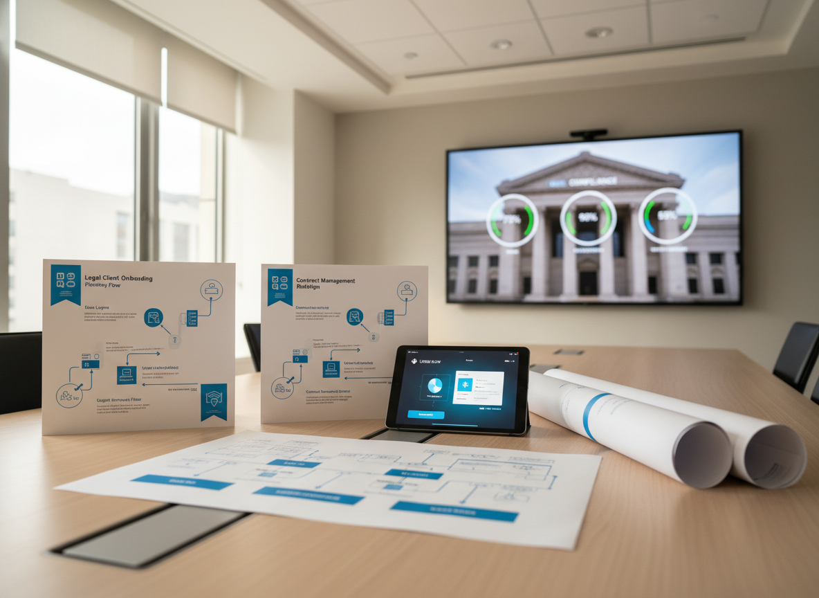 A clean, minimalist conference table made of light ash wood in a high-end professional services office, covered with neatly arranged artifacts of product-led IT consulting: printed journey maps for legal clients, system architecture blueprints with clear nodes and connections, and a tablet showing a clickable prototype of a legal workflow platform. A large wall-mounted screen in the background displays a simplified, photographic dashboard summarizing risk, compliance, and matter status. Soft, even ceiling lighting combines with gentle daylight from a side window, creating a balanced, shadow-free scene. Photographed from a slightly elevated, three-quarter angle with sharp focus throughout to emphasize clarity and structure. The mood is strategic, collaborative, and methodical, with a clean, modern, and professional visual style suitable for consulting presentations.