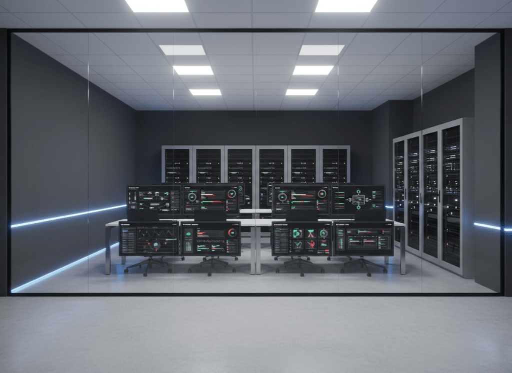 A sleek, glass-walled IT operations center dedicated to legal and professional services technology, filled with ultra-thin black monitors displaying clean dashboards of case timelines, compliance statuses, and secure cloud infrastructure diagrams. The room features matte charcoal walls, subtle blue accent lighting along the floor, and neatly organized server racks with soft white indicator lights. Cool, diffused overhead lighting creates minimal reflections on the glass and metal surfaces. Photographed in realistic detail from a slightly elevated, wide-angle perspective, with sharp focus across the scene. The mood is professional, calm, and highly organized, emphasizing reliability and precision. The aesthetic is modern and minimalist, with a subtle corporate tech feel appropriate for a platform-driven IT consulting brand.