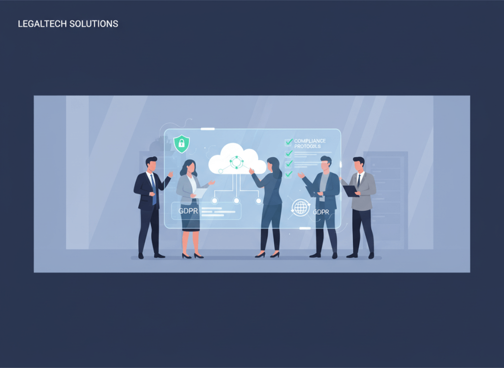 Clean, modern hero illustration for a legal-sector IT consulting company: a wide, minimal scene of lawyers and IT professionals collaborating around a large transparent screen showing secure cloud architecture diagrams, compliance checklists, and data protection icons. Color palette aligned with a professional tech brand: deep navy, soft gray, and subtle green-blue accents. Flat, vector style, businesslike and not flashy.