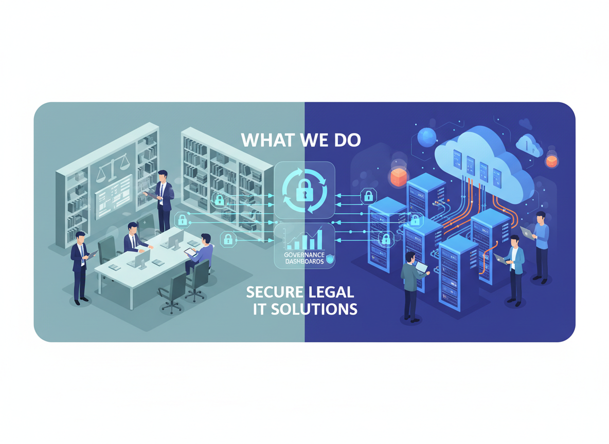 Illustration representing "What We Do" for a legal IT services firm: a split-screen style graphic showing a law firm office on one side and a cloud data center on the other, connected by secure encrypted pathways and interface elements for workflows and governance dashboards. Professional, minimal, horizontal composition, with legal and IT professionals represented as simple business figures.
