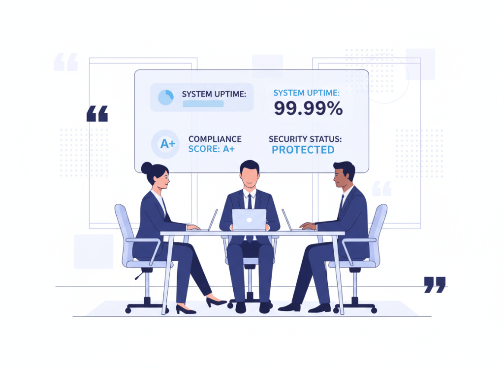 Subtle testimonial-themed illustration evoking trust in legal IT services: a group of professionals in suits in a meeting room with a large screen showing metrics like uptime, compliance scores, and security status, with quotation mark motifs in the background. Clean, minimal, mostly white with navy and soft blue accents.
