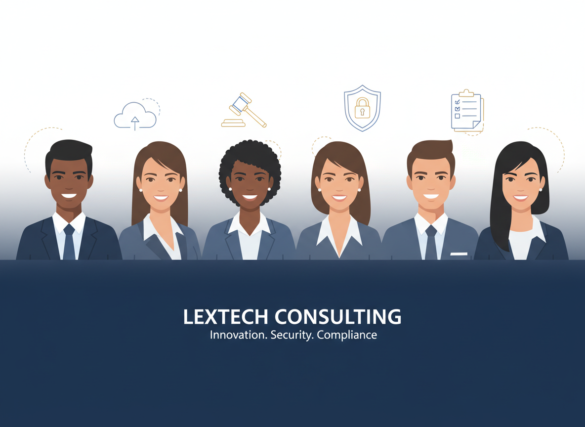 Team-focused illustration for a legal technology consulting firm: portraits of diverse professionals in business attire arranged side by side with subtle icons for cloud, security, and compliance around them, on a clean white and navy background. Horizontal or square-friendly composition, minimal and modern.
