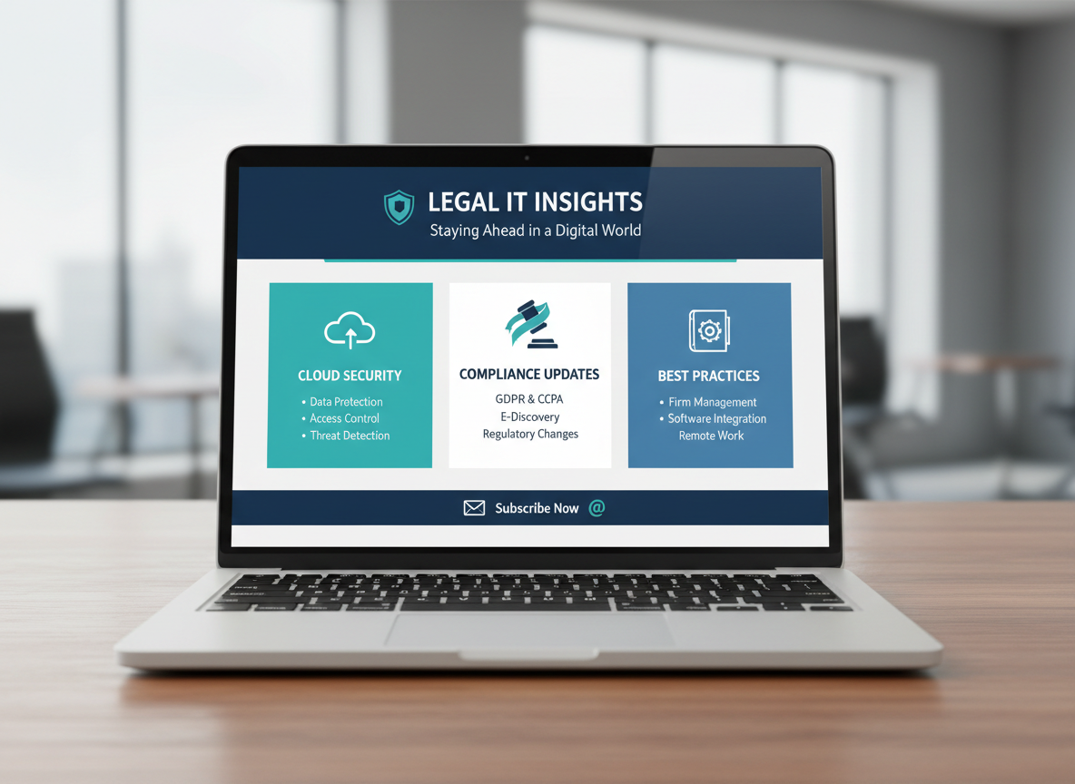 Newsletter illustration focused on legal IT insights: an open email or newsletter layout on a laptop screen showing topics like cloud security, compliance updates, and best practices for law firms, with subtle envelope and shield icons. Clean, businesslike design in navy, white, and teal accent colors.